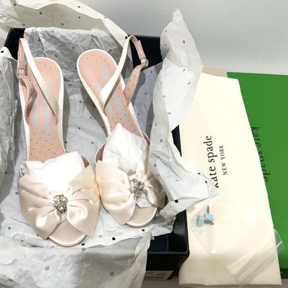 Kate Spade Happily Slingback Pumps Bridal Bow Ivory Satin Stiletto Heel Sandal 9 - Picture 9 of 16
